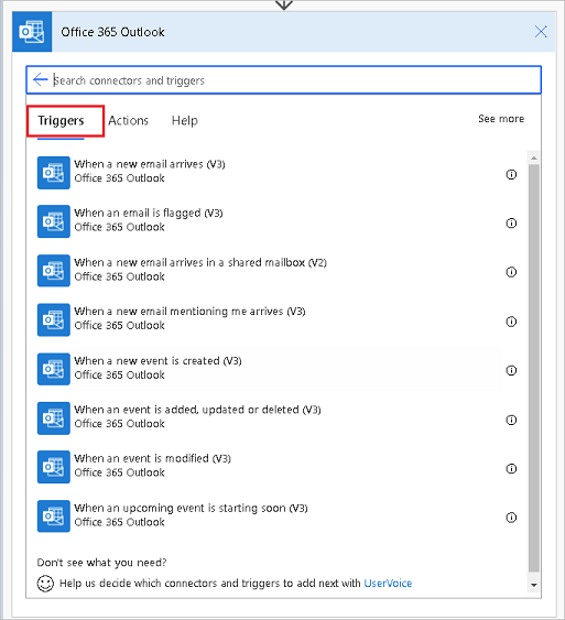 Snímek obrazovky částečného seznamu triggerů Office 365 Outlook.