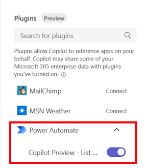 Snímek obrazovky modulu plug-in Power Automate.