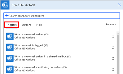 Screenshot některých triggerů Office 365 Outlook