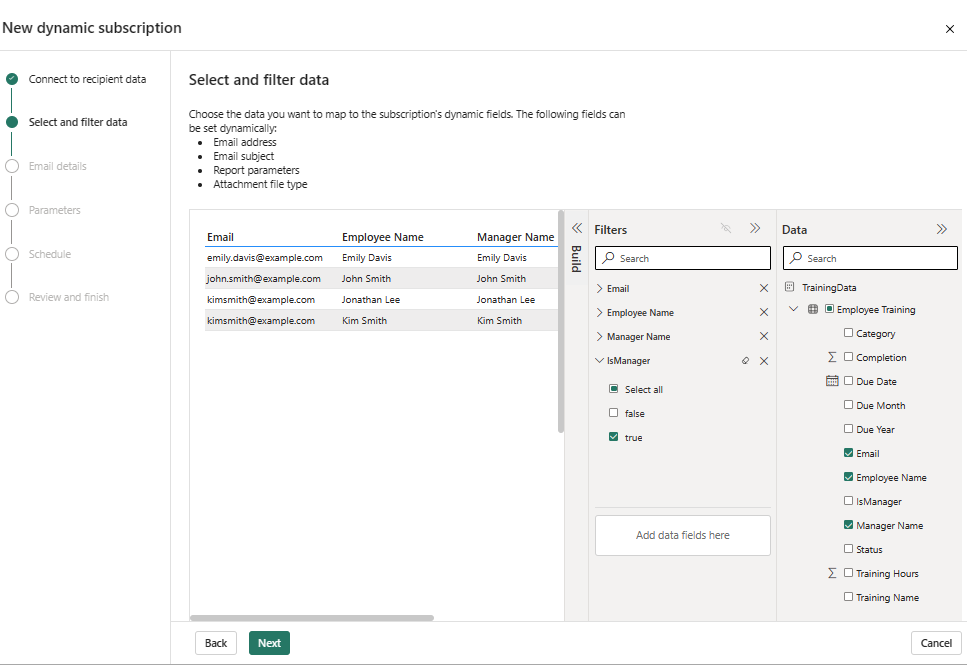 Snímek obrazovky služba Power BI zobrazující stránku Vybrat a filtrovat data pro dynamická předplatná