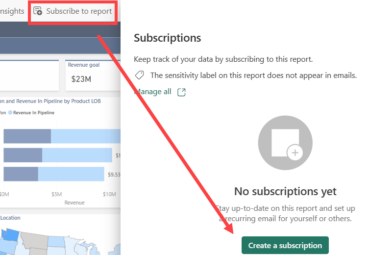 Snímek obrazovky služba Power BI s oknem Vytvořit předplatné