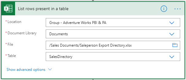 Select the Excel Online file and name of the table.