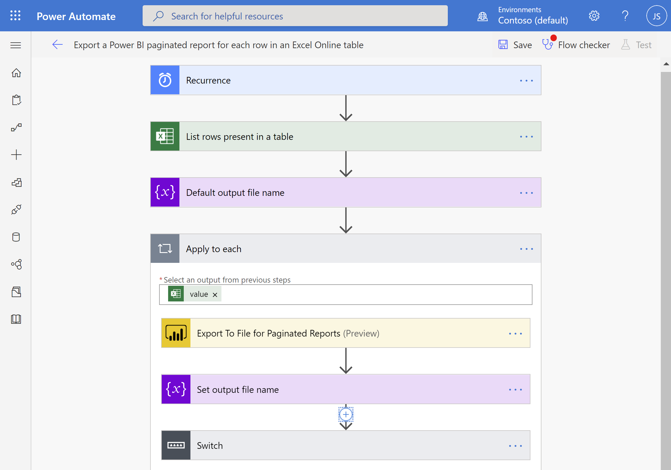 Screenshot that shows how to export a paginated report by using an Excel Online table.