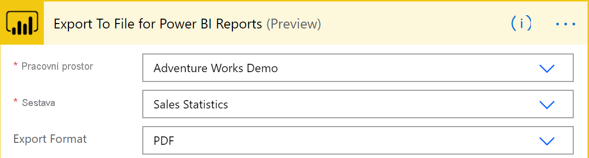 Snímek obrazovky s exportem do souboru pro sestavy Power BI