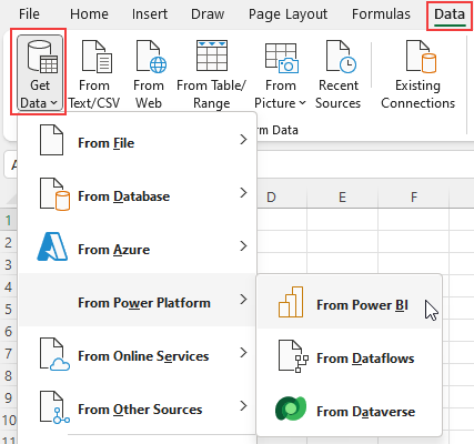 Snímek obrazovky znázorňující získání dat Power BI z karty Data