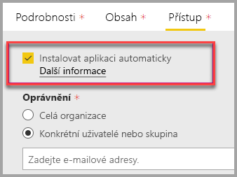 Snímek obrazovky portálu pro správu Power BI s vybranou možností Instalovat aplikaci