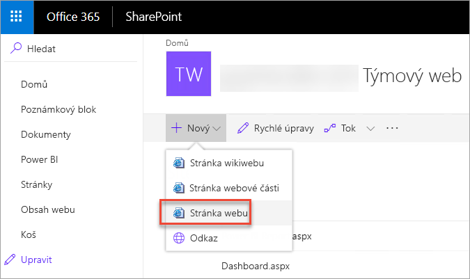 Snímek obrazovky s oknem SharePointu Stránky se zvýrazní v navigačním podokně. Je vybrána stránka webu.