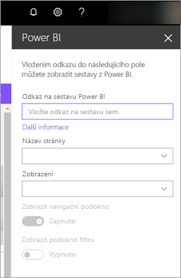 Snímek obrazovky s vlastnostmi nové webové části SharePointu se zvýrazněným odkazem na sestavu Power BI