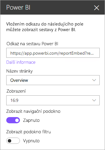 Snímek obrazovky s dialogovým oknem vlastností nové webové části SharePointu se zvýrazněným odkazem na sestavu Power BI