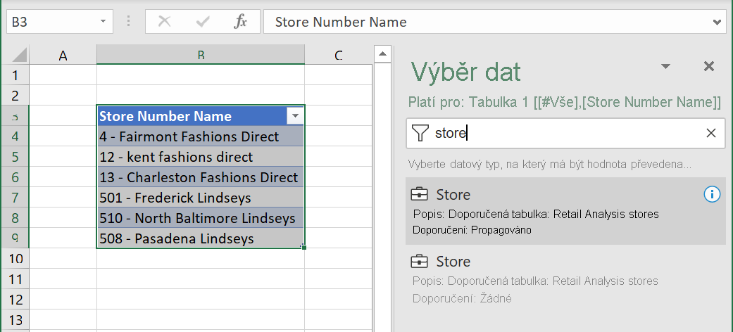 Screenshot of Excel Organizational Data, Suppliers data type table.