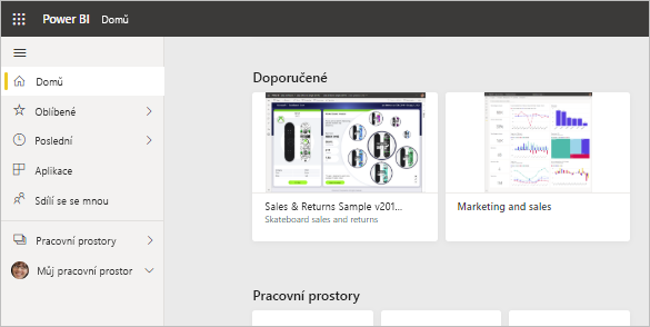 Doporučený obsah Power BI na domovské stránce