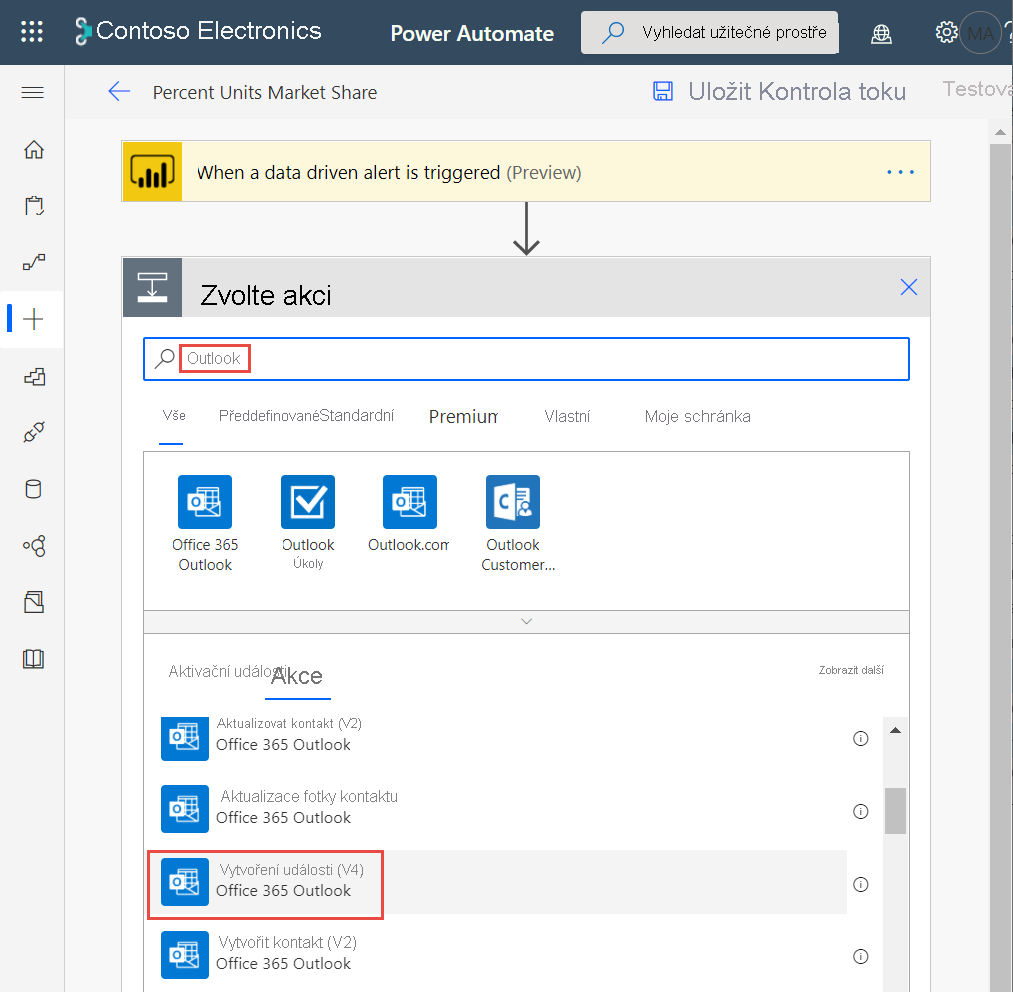 Screenshot that shows how to choose an action when you create an event.