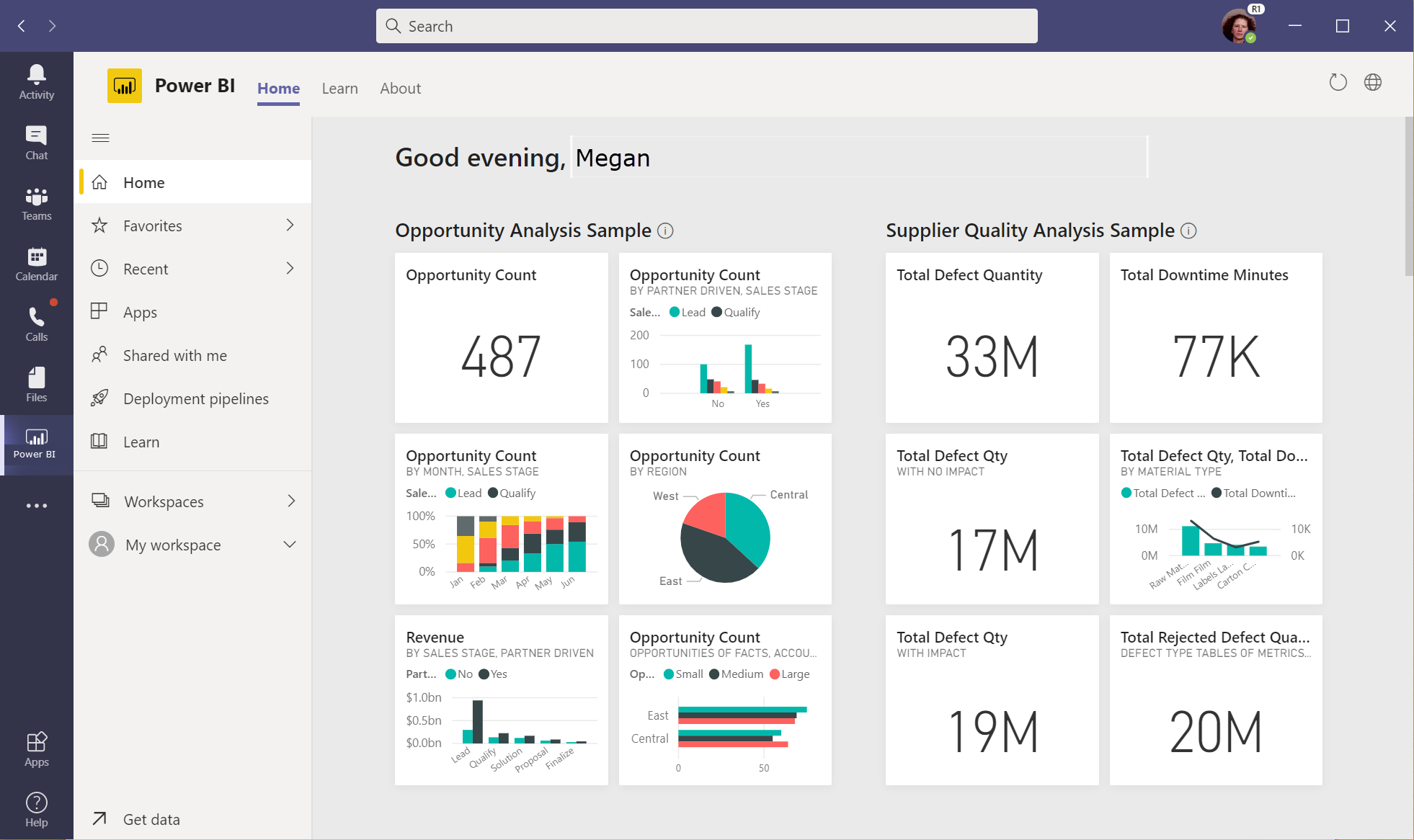 Snímek obrazovky domovské stránky aplikace Power BI v Microsoft Teams s vybranou kartou In Teams