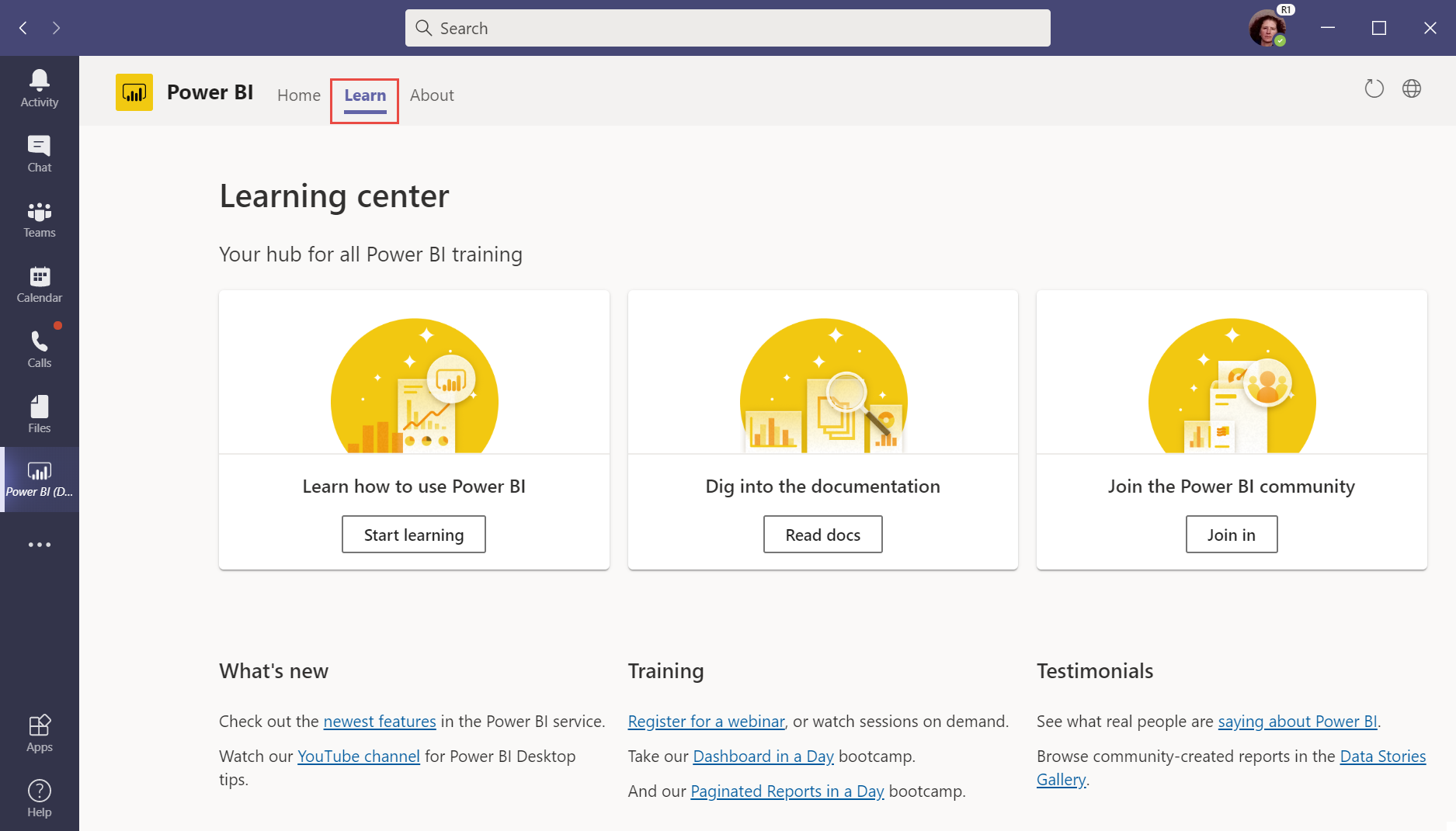 Snímek obrazovky Výukového centra v aplikaci Power BI v Microsoft Teams Karta Learn je vybraná v Teams a v navigačním podokně Power BI.