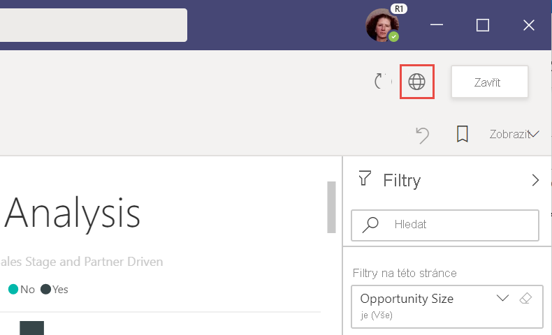 Snímek obrazovky s tlačítkem web v aplikaci Power BI v Microsoft Teams