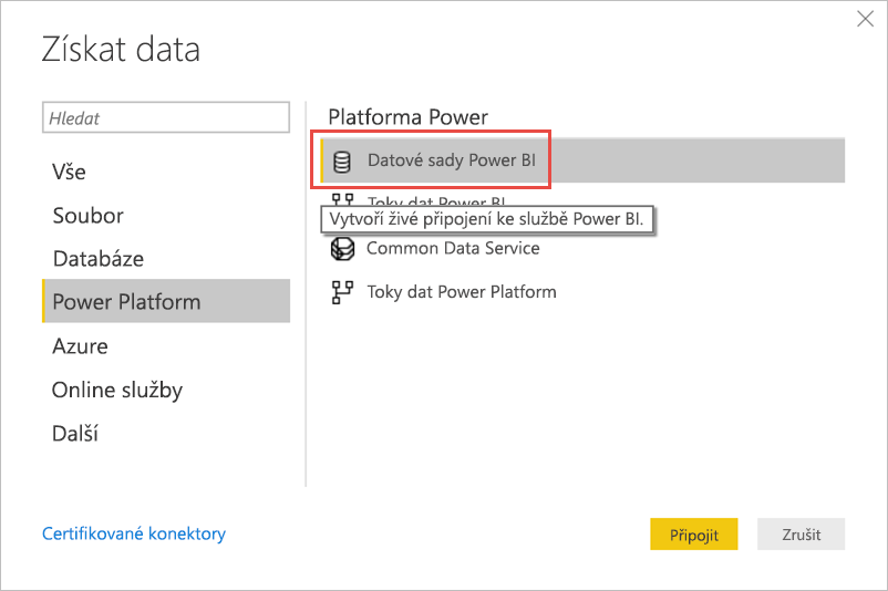 Snímek obrazovky se získáním dat z sémantických modelů Power BI