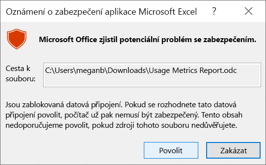 Snímek obrazovky s upozorněním zabezpečení Excelu