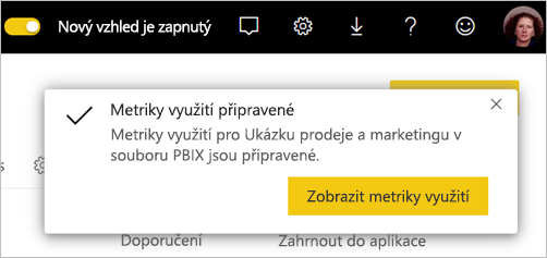 Snímek obrazovky se sestavou metrik využití, která je připravená