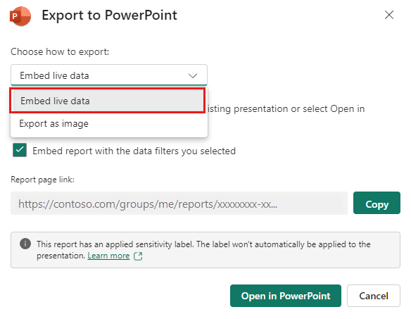 Snímek obrazovky s možností vložení živých dat sestavy Power BI