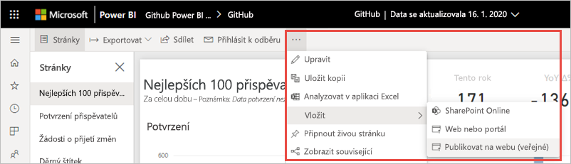 Snímek obrazovky s možností Publikovat na webu v části Další možnosti