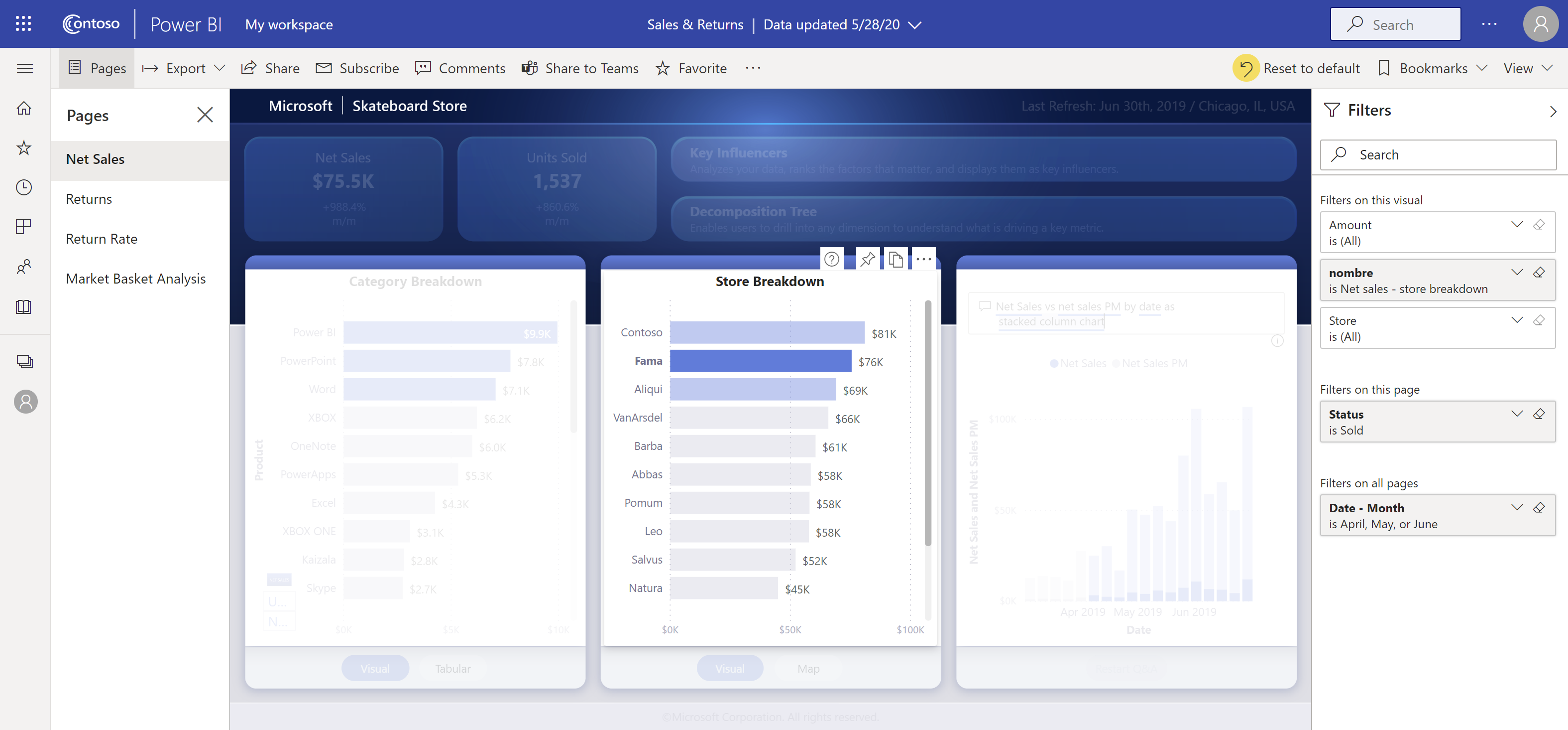 Snímek obrazovky, který zvýrazní část v otevřené sestavě Power BI