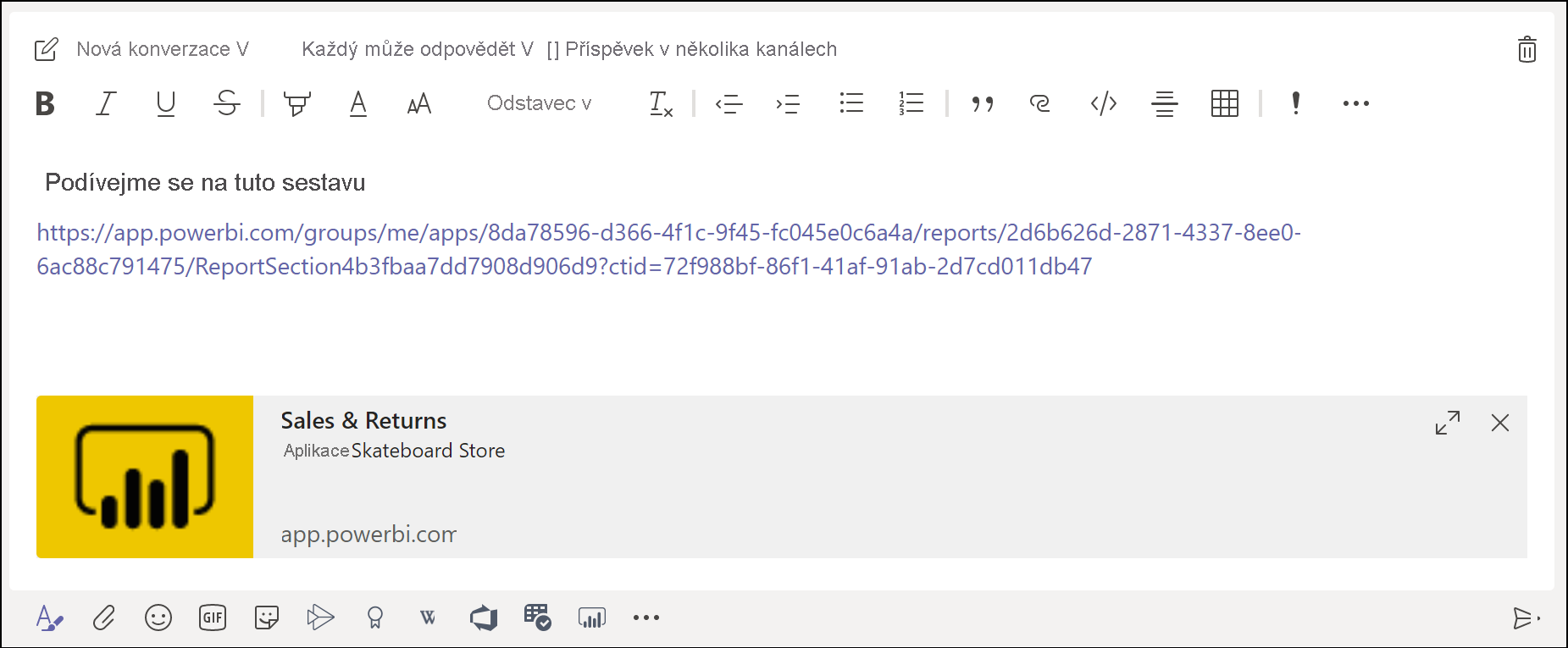 Snímek obrazovky zobrazující kartu náhledu odkazu pro Power BI v okně se zprávou týmu