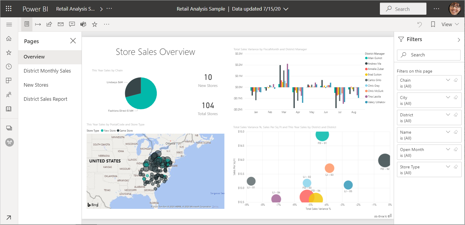 Snímek obrazovky se sestavou Power BI ve službě