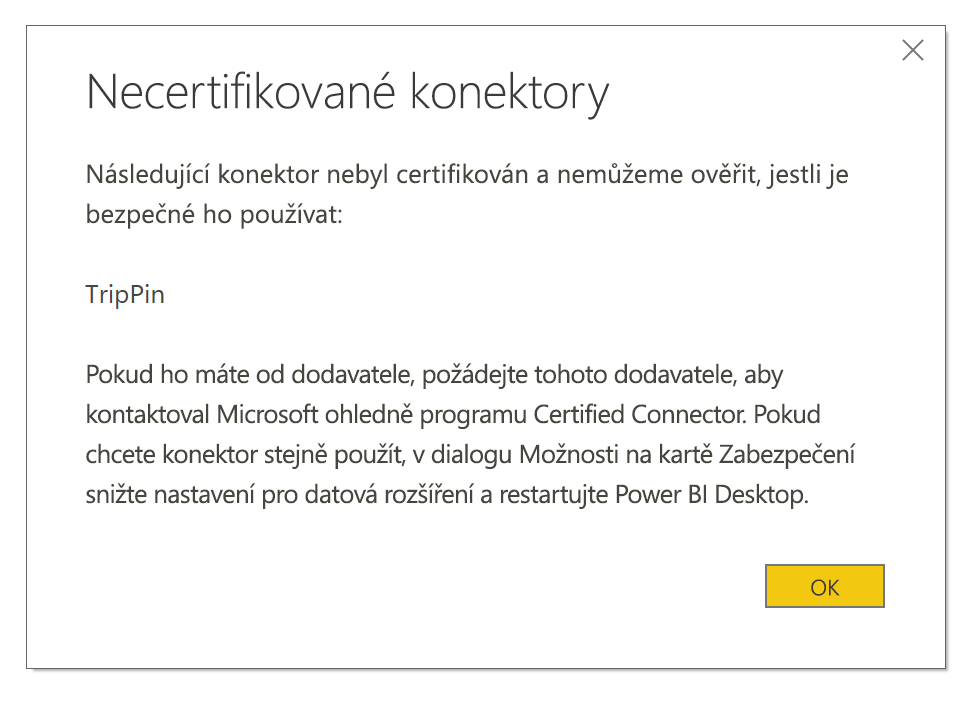 Snímek obrazovky s dialogovým oknem Necertifikované konektory