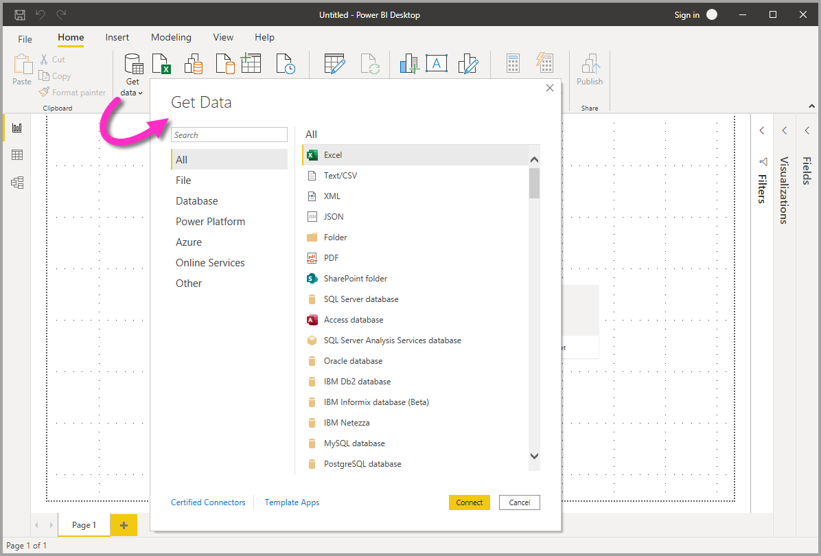 Snímek obrazovky znázorňující ikonu Získat data a dialogové okno Načíst data v Power BI Desktopu