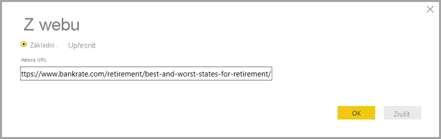 Snímek obrazovky znázorňující adresu URL v dialogovém okně Z webu