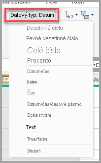 snímek obrazovky Editoru Power Query s rozevíracím seznamem Datový typ