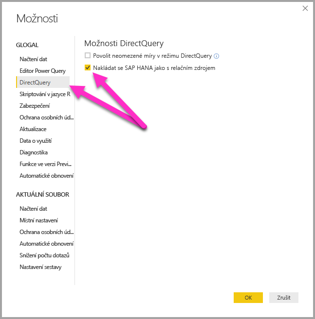 snímek obrazovky s dialogovým oknem Možnosti a možnostmi DirectQuery