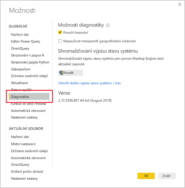 Screenshot of the Diagnostics section of the Power BI Desktop Options screen with the link to open the crash dump/traces folder.