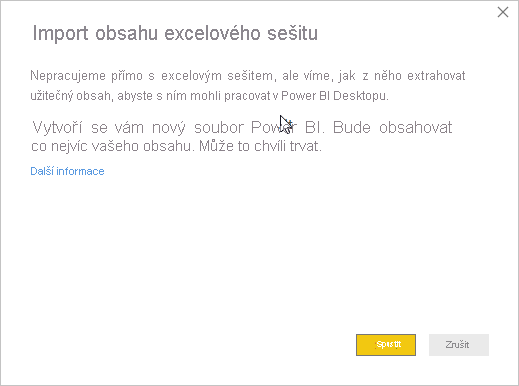 Snímek obrazovky se zprávou o importu obsahu excelového sešitu