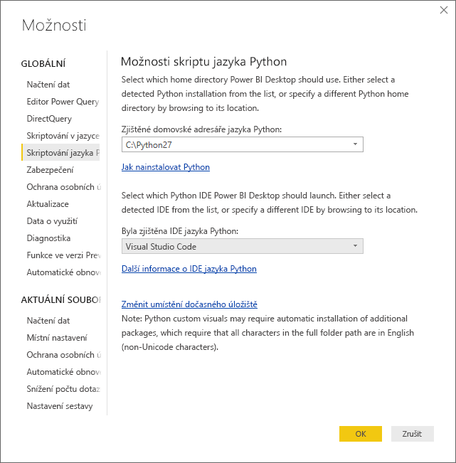 Screenshot of the Options dialog, showing Visual Studio Code entered in the Detected Python IDE field.