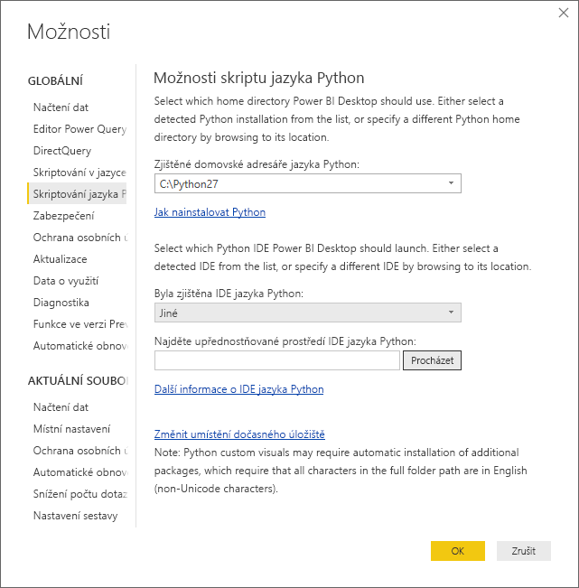 Screenshot of the Options dialog, showing Other entered in the Detected Python IDE field.