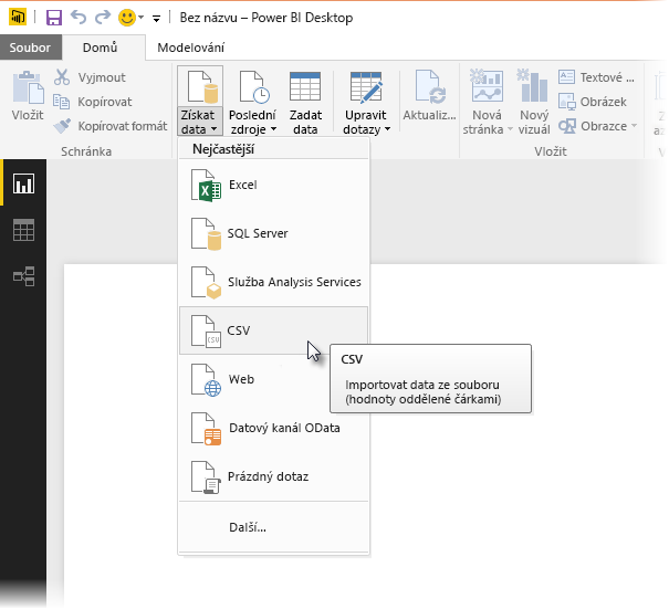 Screenshot of the Get Data ribbon in Power BI Desktop, showing the CSV selection.