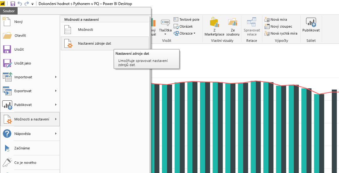 Screenshot of the File menu in Power BI Desktop, showing the Data source settings selection.