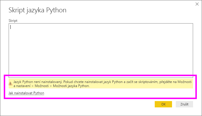Snímek obrazovky s upozorněním, že Python není nainstalovaný