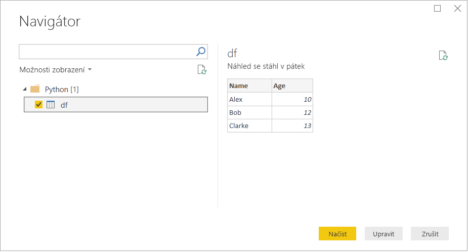 Snímek obrazovky okna Navigátor zobrazující data, která se mají načíst a použít