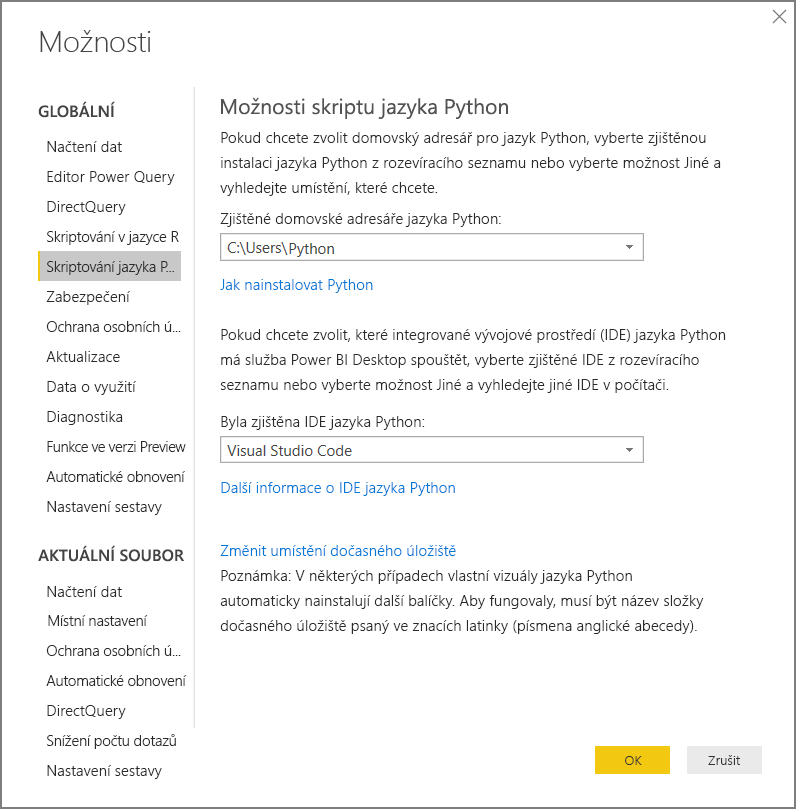 Snímek obrazovky znázorňující možnosti skriptu Pythonu pro Power BI Desktop
