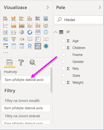 Snímek obrazovky znázorňující možnost Přetažením sem přidat datová pole