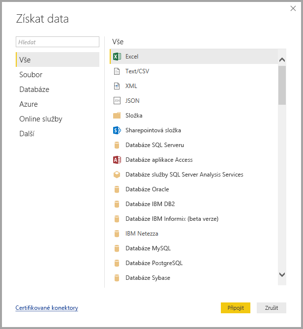 Snímek obrazovky zobrazuje dialogové okno Načíst data s vybranou možností Vše a Excel.