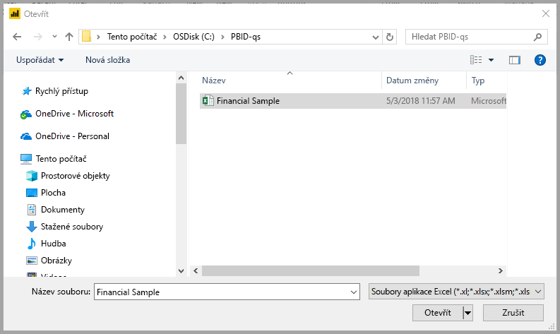 Screenshot shows a file selection dialog with Financial Sample selected.