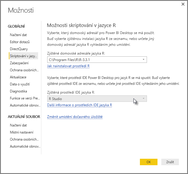 Screenshot of the Options dialog, showing R Studio is entered in the Detected R I D E field.