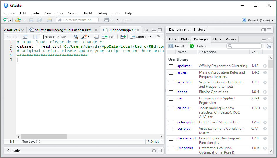 Screenshot of the R I D E launched in Power B I Desktop, showing it in R Studio.