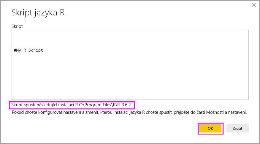 Screenshot shows the R script dialog in Power BI Desktop with R installation information highlighted.