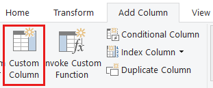 Snímek obrazovky s pásem karet Přidat sloupec Editor Power Query se zvýrazněným tlačítkem Vlastní sloupec