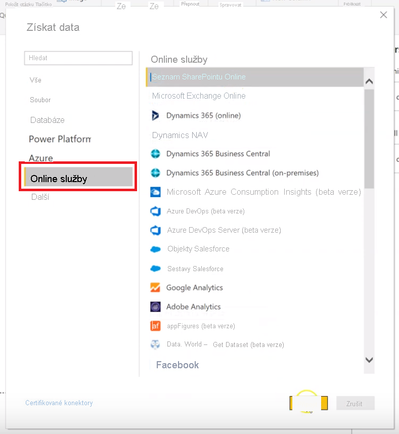 Snímek obrazovky zobrazuje dialogové okno Získat data s výběrem seznamu z Online Services a SharePointu Online.