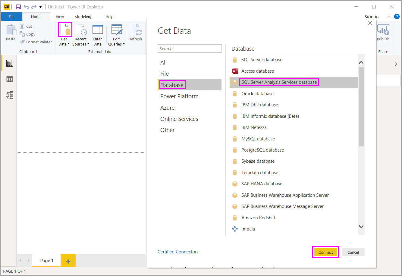 Screenshot shows the Get Data dialog in Power BI Desktop with SQL Server Analysis Services database selected.